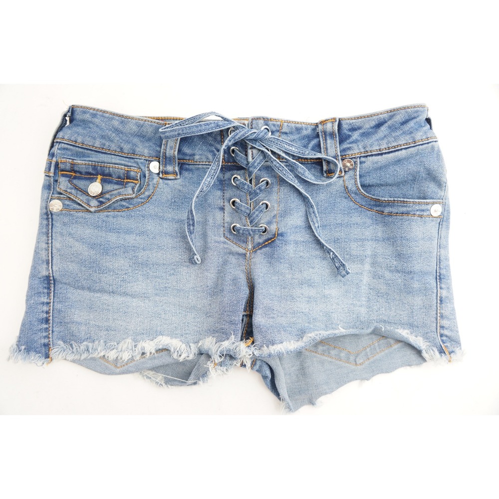 True Religion Joey Cut-Off Shorts Women 26 Blue Lace Up Low Rise Denim Excellent